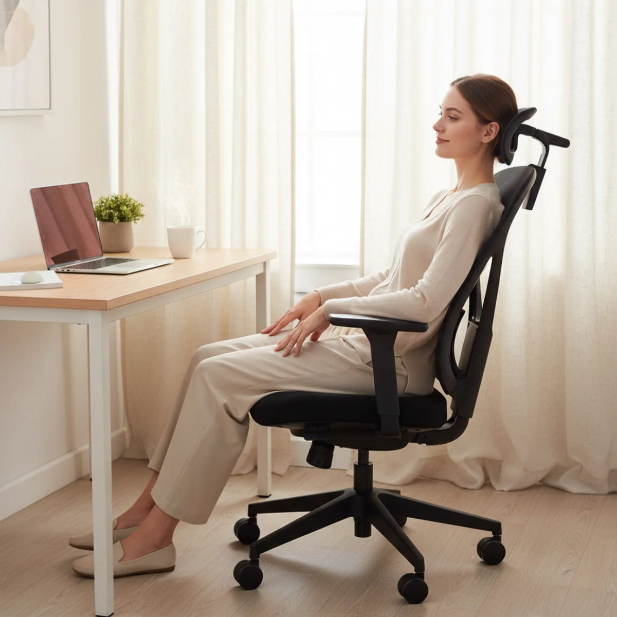 Slika prikazuje ergonomsku uredsku stolicu, točnije model Larck. Žena udobno sjedi na stolici za radnim stolom na kojem se nalaze prijenosno računalo i mala biljka. Okruženje se čini svijetlim i modernim, sa svijetlim zavjesama u pozadini.