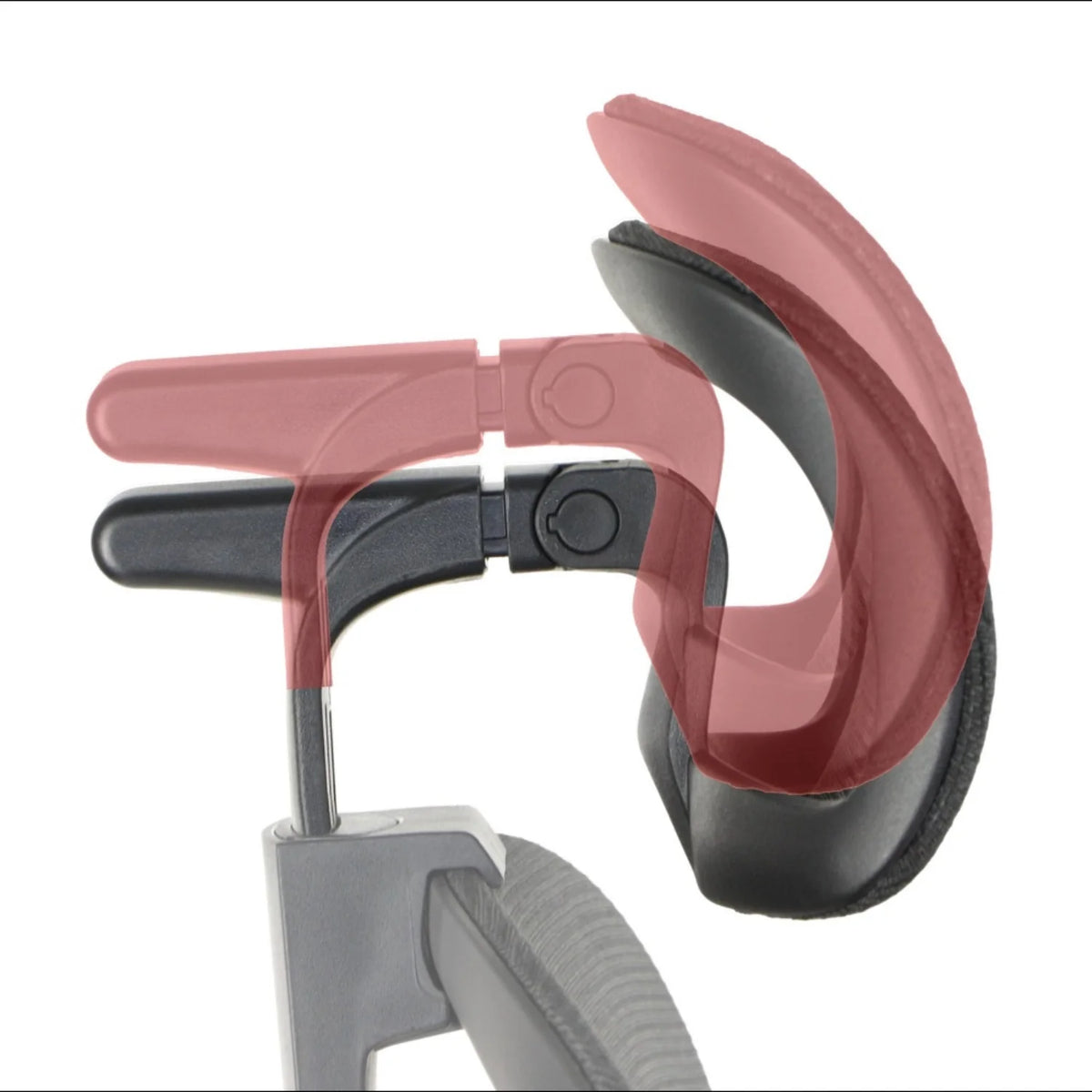 Slika prikazuje ergonomsku uredsku stolicu, točnije model Larck. Prikazuje detaljan prikaz mehanizma naslona za ruke na stolici, naglašavajući njegove podesive komponente za povećanu udobnost i potporu. Dizajn naglašava fleksibilnost i ergonomske značajke, prikladne za duge sate korištenja.