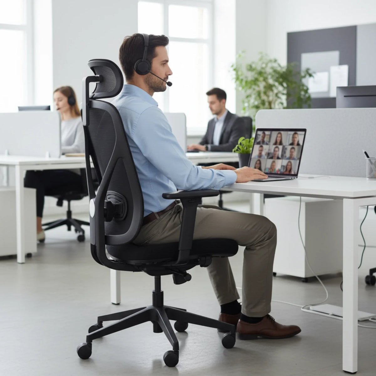 Slika prikazuje ergonomsku uredsku stolicu, točnije model Larck. Prikazuje muškarca sa slušalicama koji sjedi za stolom s otvorenim prijenosnim računalom i sudjeluje u video pozivu. U pozadini dvoje drugih zaposlenika radi za svojim stolovima u modernom uredskom okruženju. Stolica je dizajnirana za udobnost i potporu, odražavajući profesionalni radni prostor.