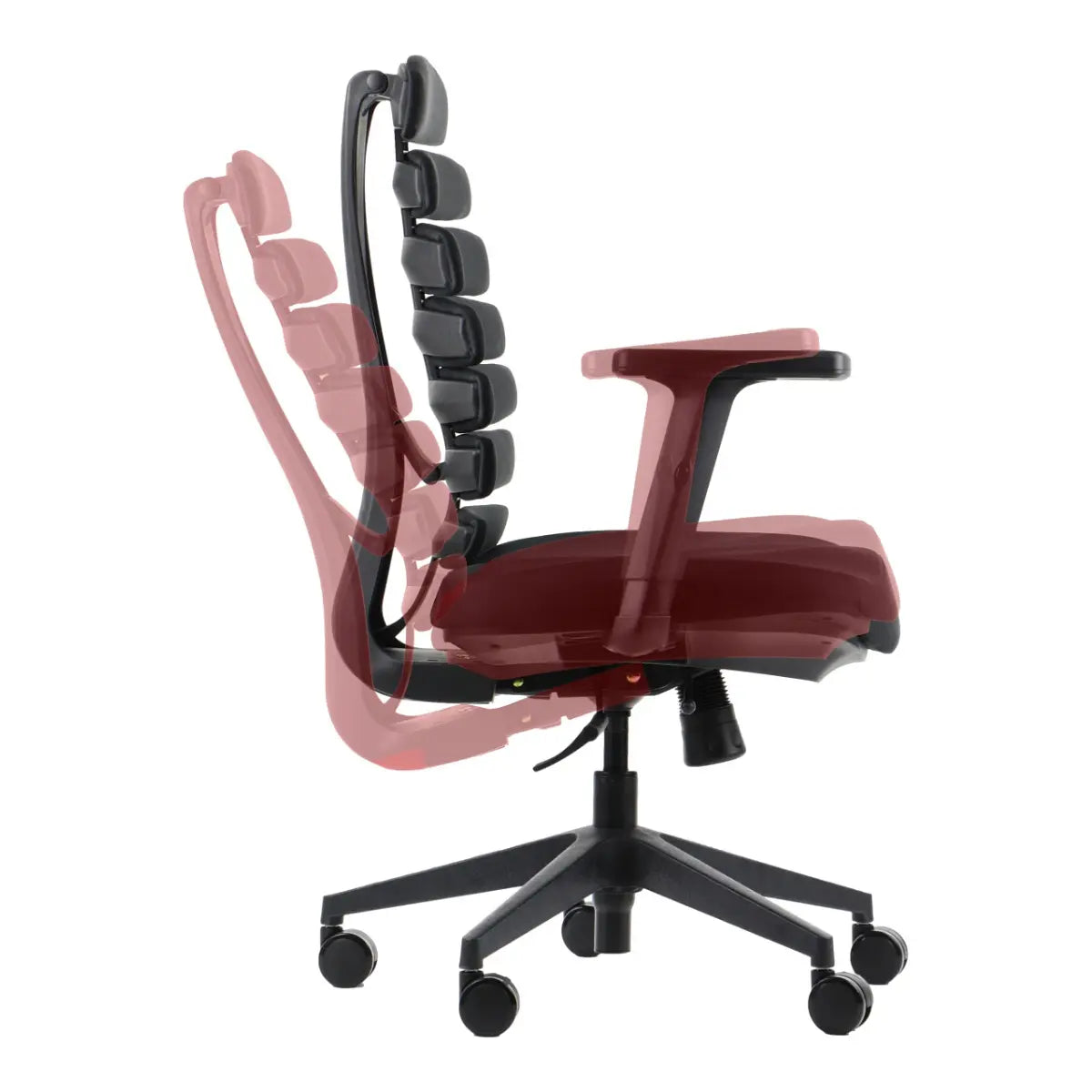 Slika prikazuje ergonomsku uredsku stolicu, točnije model "Ergonomic Chair Loop". Prikazuje moderan dizajn s fleksibilnim naslonom za leđa koji uključuje segmentiranu potporu za veću udobnost. Stolica je montirana na bazu s pet krakova s kotačićima za mobilnost, a čini se da ima i podesive značajke za prilagođeno sjedenje.