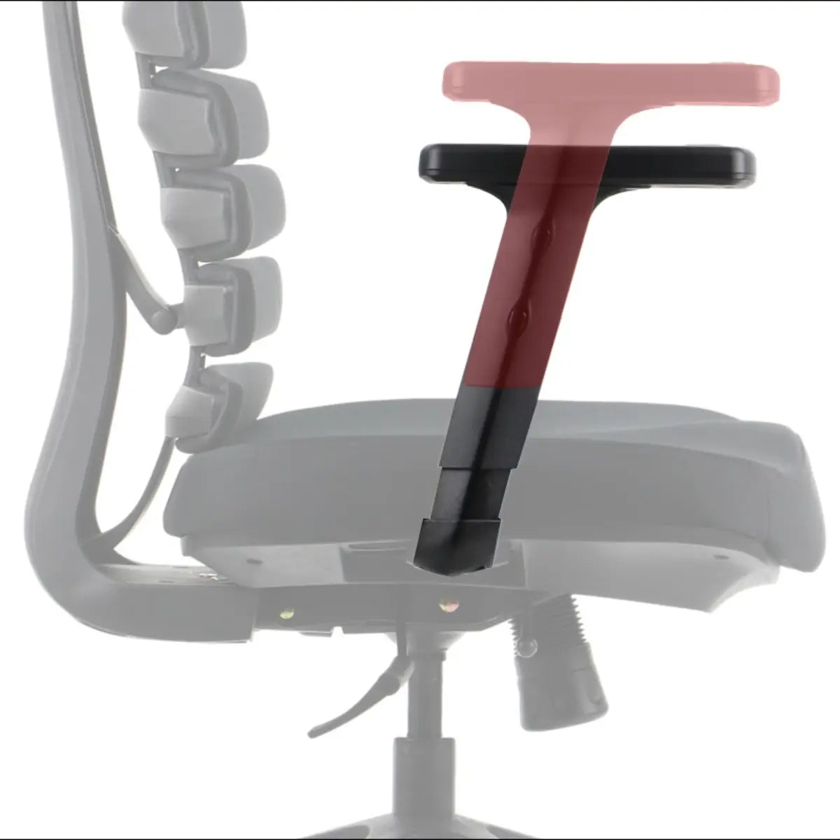 Slika prikazuje ergonomsku uredsku stolicu, točnije model "Ergonomic Chair Loop". Prikazuje dizajn stolice, ističući podesivi naslon za ruku koji ima jedinstven oblik i kontrast boja. Čini se da naslon za leđa ima segmentirani dizajn za bolju potporu, dok je sjedalo podstavljeno za udobnost.