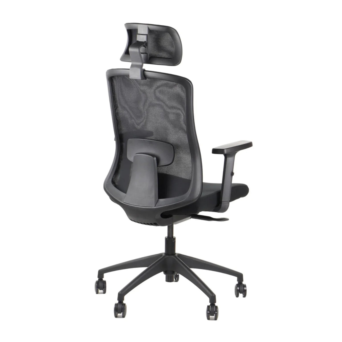 Proizvod je ergonomska uredska stolica, točnije model Morton. Slika prikazuje pogled na stolicu sa stražnje strane, s mrežastim naslonom za leđa za prozračnost, podesivim naslonima za ruke i naslonom za glavu, sve poduprto bazom s pet krakova s kotačićima za mobilnost. Cjelokupni dizajn naglašava udobnost i potporu za duge sate sjedenja.