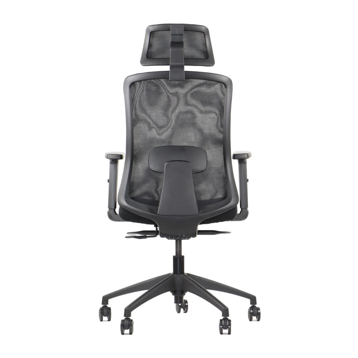 Proizvod je ergonomska uredska stolica, točnije model Morton. Slika prikazuje stolicu sa stražnje strane, s mrežastim naslonom za leđa za prozračnost, podesivim naslonima za ruke i potpornim naslonom za glavu. Cjelokupni dizajn je elegantan i moderan, s crnom shemom boja.