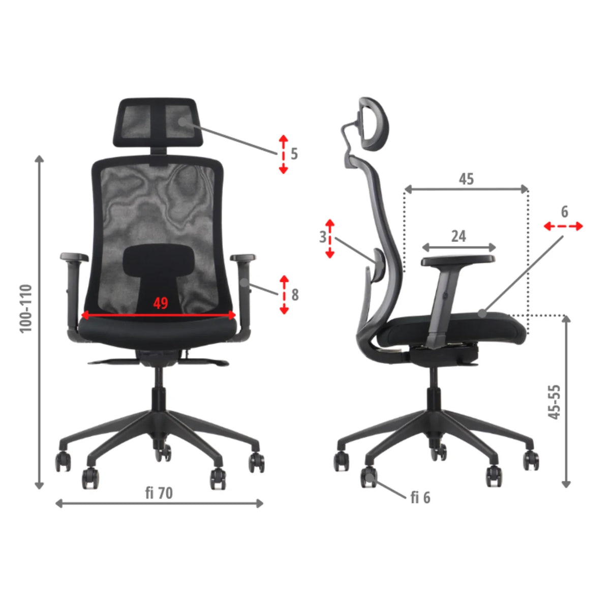 Proizvod je ergonomska uredska stolica, točnije model Morton. Slika prikazuje stolicu iz više kutova, ističući njezin mrežasti naslon, podesivi naslon za glavu i naslone za ruke. Također uključuje mjere za različite dimenzije, ukazujući na njezinu podesivu visinu i cjelokupne značajke dizajna za udobnost i potporu.