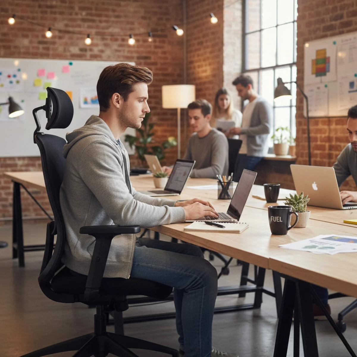 Slika prikazuje ergonomsku uredsku stolicu, vjerojatno model Morton. Prikazuje muškarca koji sjedi za stolom u modernom uredskom okruženju i radi na prijenosnom računalu. Pozadina uključuje druge osobe uključene u rad, s elegantnim ciglenim zidom i vidljivim raznim uredskim priborom.