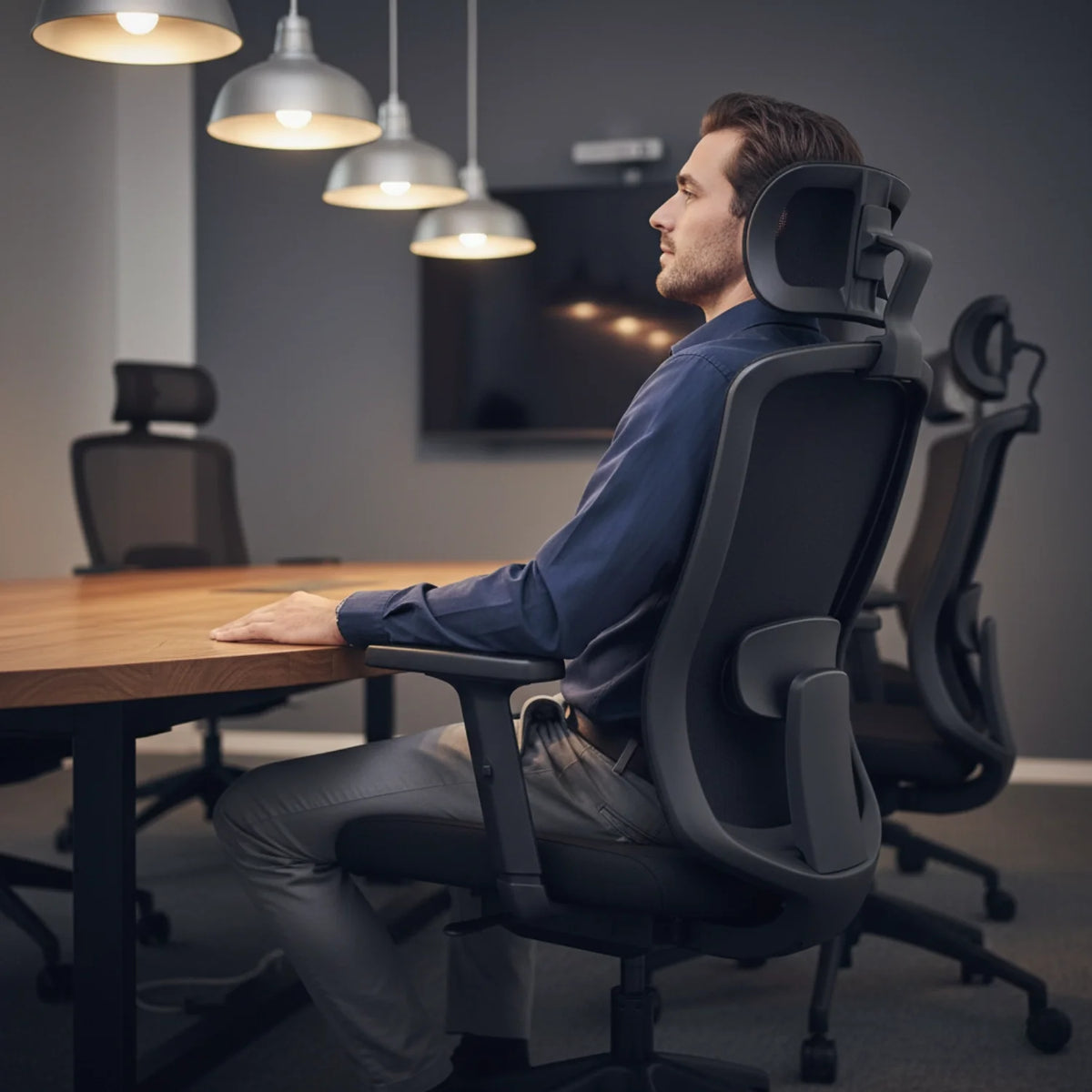 Slika prikazuje ergonomsku uredsku stolicu, točnije model Morton. Prikazuje muškarca koji udobno sjedi u stolici za konferencijskim stolom, s modernim uredskim okruženjem u pozadini. Stolica ima elegantan dizajn, s podesivim značajkama i potpornim naslonom za glavu, što poboljšava udobnost i držanje tijekom rada.