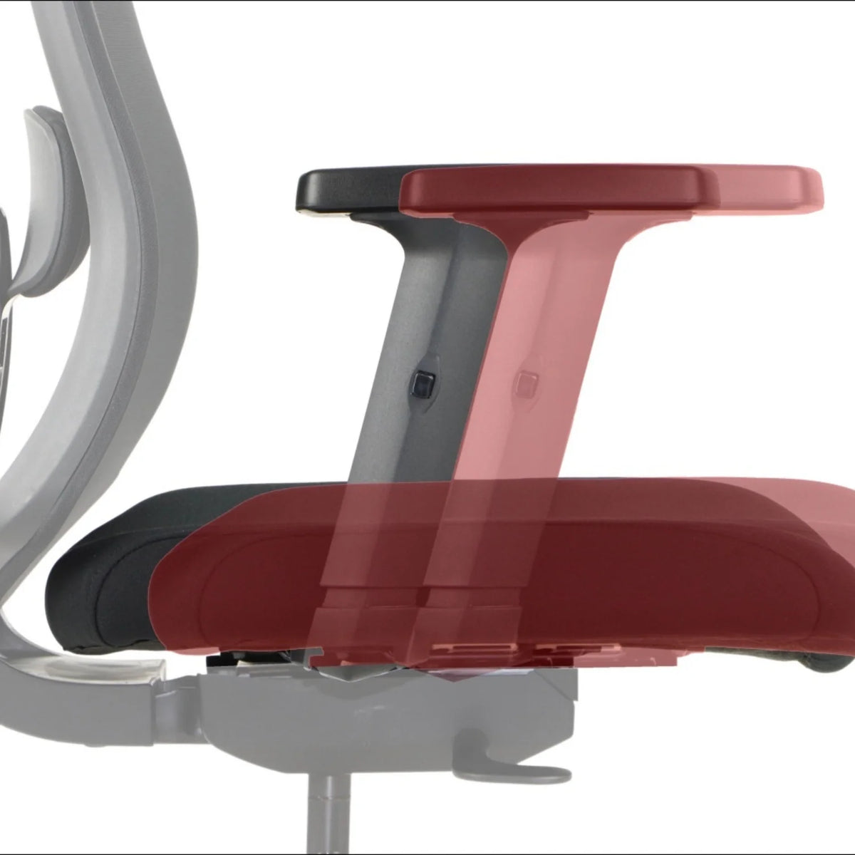 Slika prikazuje ergonomsku uredsku stolicu, točnije model Morton. Prikazuje dizajn naslona za ruke, naglašavajući njegove podesive značajke. Naslon za ruke ima elegantan, moderan izgled s kombinacijom boja, naglašavajući udobnost i funkcionalnost.