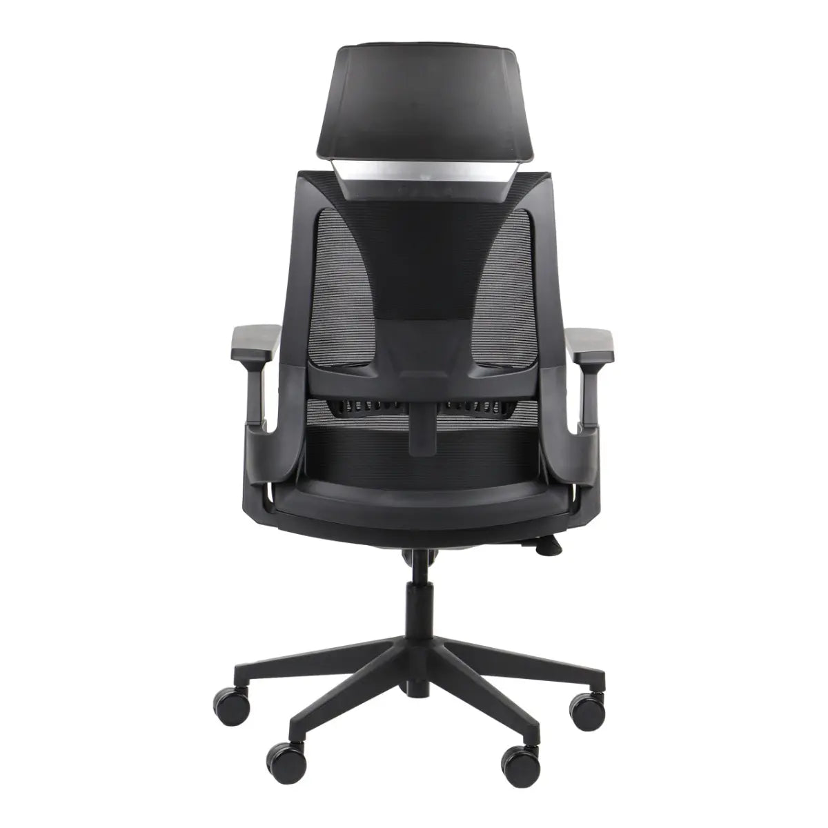 Slika prikazuje ergonomsku uredsku stolicu, točnije model Olton H. Stolica ima elegantan dizajn s mrežastim naslonom za leđa, podesivim naslonima za ruke i potpornim naslonom za glavu, a sve je montirano na bazu s pet krakova na kotačićima za mobilnost.