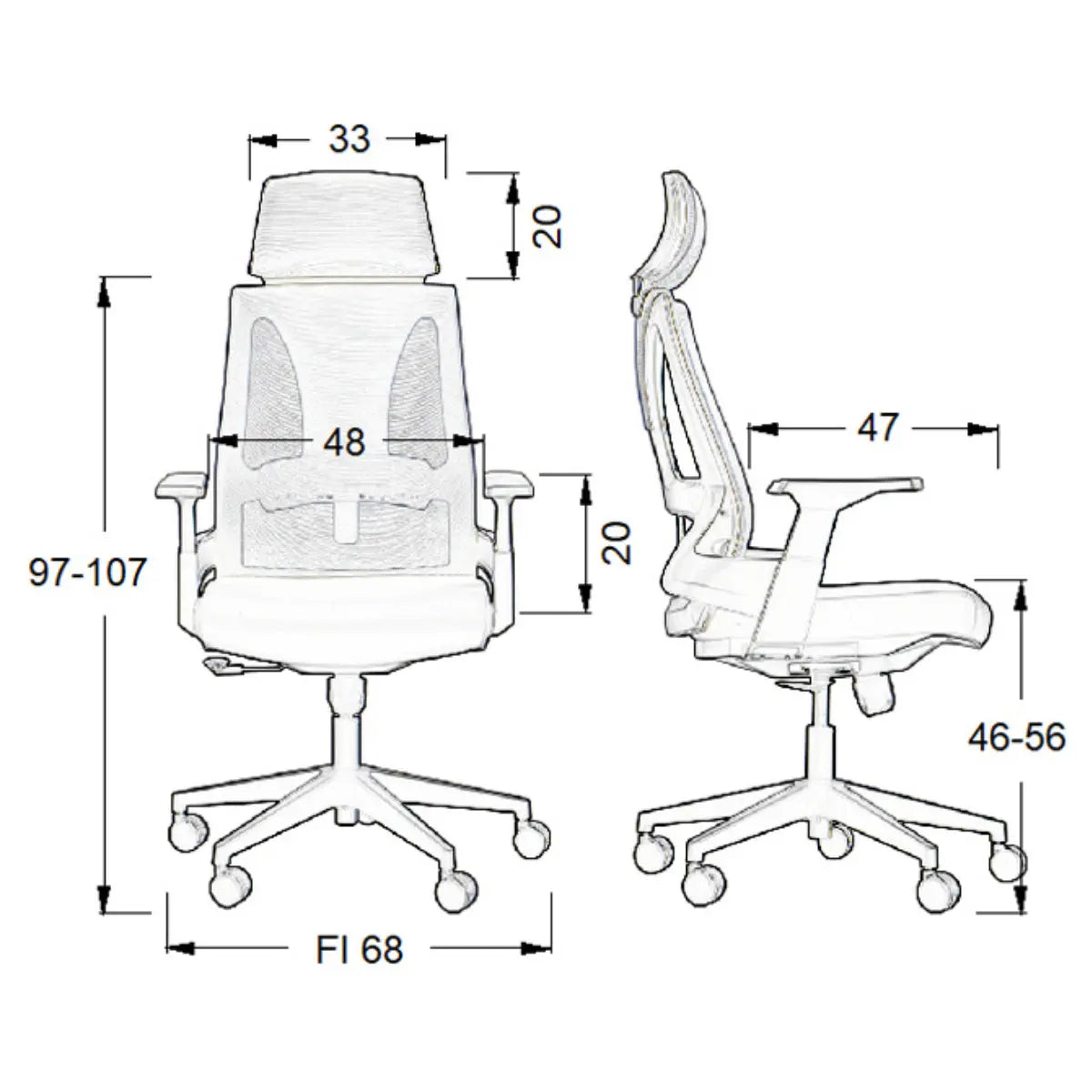 Proizvod je ergonomska uredska stolica, točnije model Olton H. Slika prikazuje detaljne dimenzije i značajke dizajna, uključujući visoki naslon za leđa, podesive naslone za ruke i bazu s pet krakova s kotačićima za mobilnost. Čini se da je stolica dizajnirana za udobnost i potporu tijekom produžene uporabe.