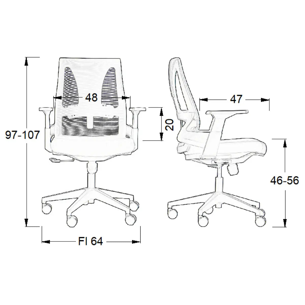 Proizvod je ergonomska uredska stolica, točnije model Olton L. Slika prikazuje tehnički crtež stolice, prikazujući njezine dimenzije i značajke dizajna, uključujući mrežasti naslon za leđa, podesive naslone za ruke i bazu s pet krakova s kotačićima za mobilnost.