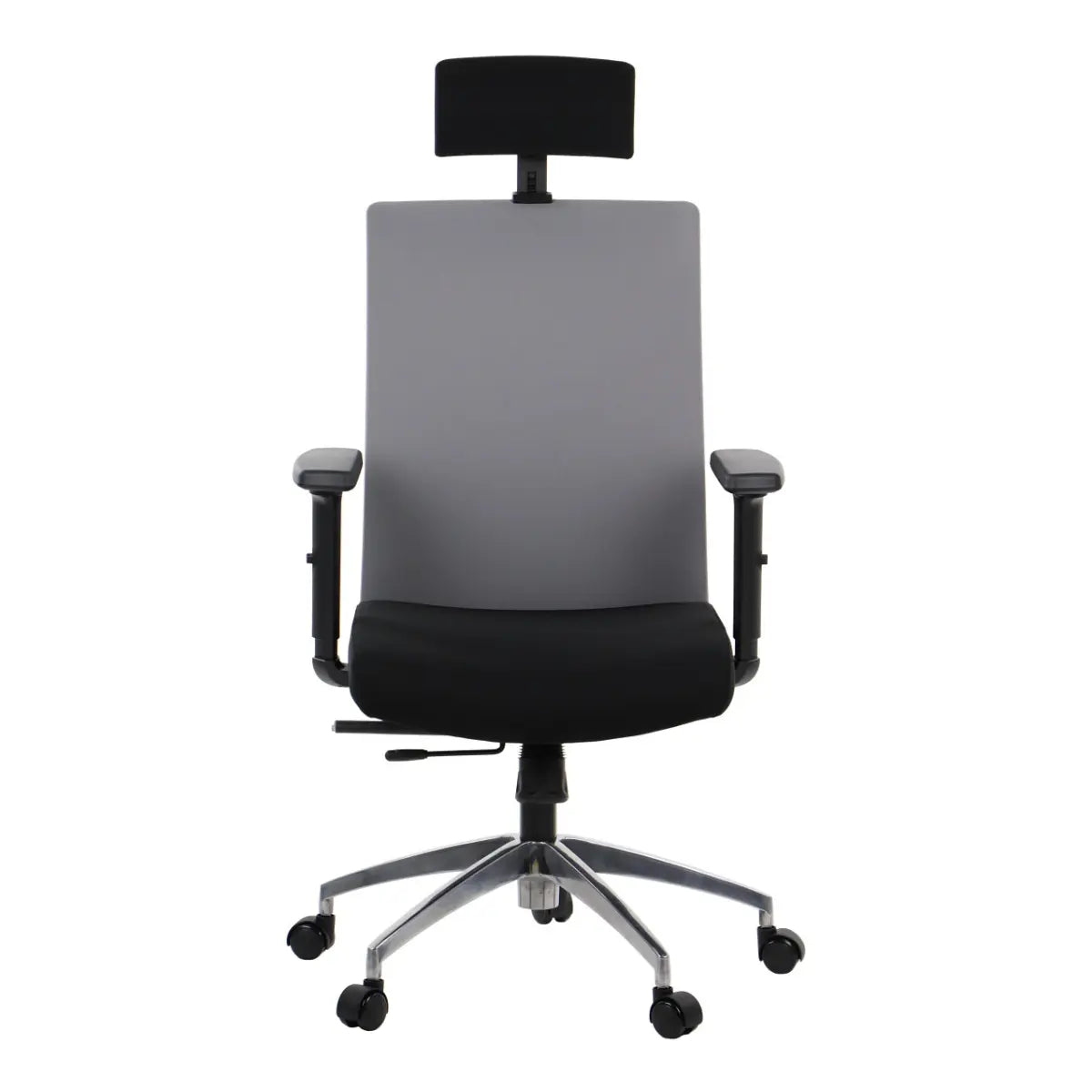 Proizvod je ergonomska uredska stolica, točnije model Riverton s naslonom za glavu. Stolica ima elegantan dizajn sa sivim naslonom za leđa i crnim sjedalom, podesive naslone za ruke i kromiranu bazu s kotačićima za mobilnost. Naslon za glavu pruža dodatnu potporu za udobnost tijekom dugih razdoblja sjedenja.