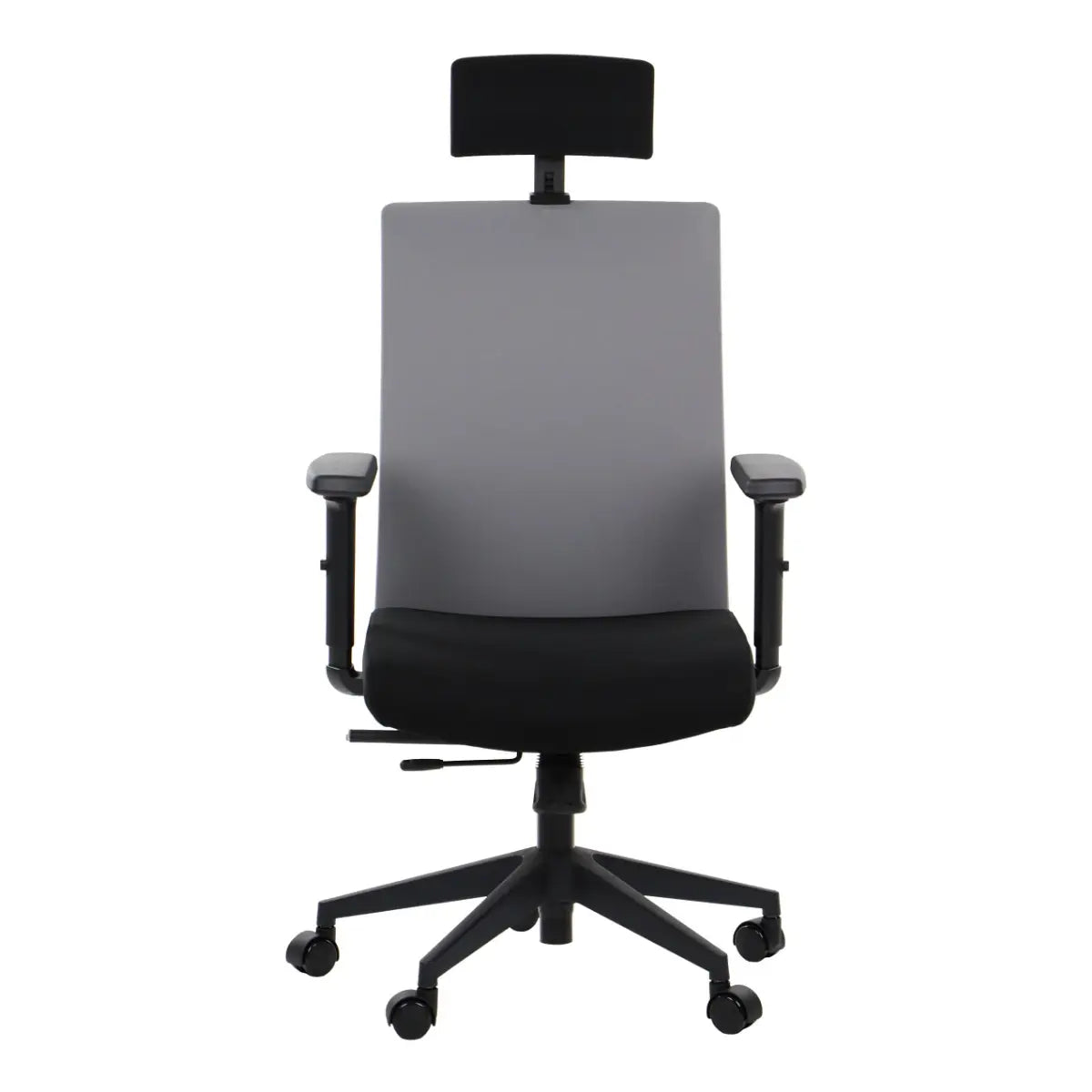 Slika prikazuje ergonomsku uredsku stolicu, točnije model Riverton s naslonom za glavu. Stolica ima elegantan dizajn sa sivim naslonom za leđa i crnim sjedalom, zajedno s podesivim naslonima za ruke i bazom s pet krakova s kotačićima za mobilnost.