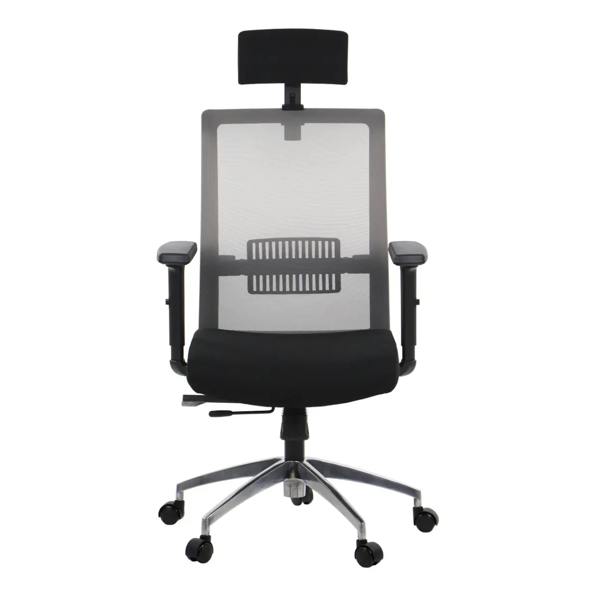 Slika prikazuje ergonomsku uredsku stolicu, točnije model Riverton s naslonom za glavu. Stolica ima mrežasti naslon za leđa za prozračnost, podesive naslone za ruke i podstavljeno sjedalo, a sve je montirano na kromiranu bazu s rotirajućim kotačićima za mobilnost.