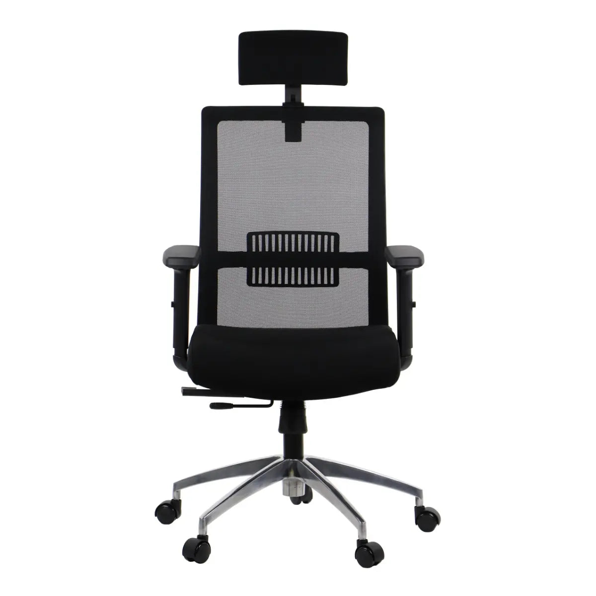 Proizvod je ergonomska uredska stolica, točnije model Riverton s naslonom za glavu. Slika prikazuje stolicu s mrežastim naslonom za leđa za prozračnost, podesivim naslonima za ruke i jastučastim sjedalom, sve poduprto kromiranom bazom s kotačićima za mobilnost.