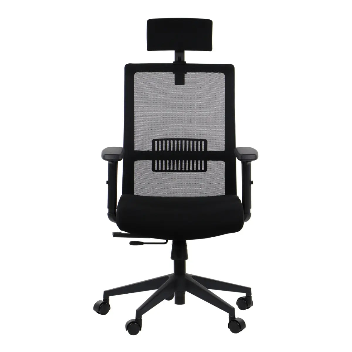 Proizvod je ergonomska uredska stolica, točnije model Riverton s naslonom za glavu. Slika prikazuje elegantnu crnu stolicu s mrežastim naslonom za leđa za prozračnost, podesivim naslonima za ruke i jastučastim sjedalom. Naslon za glavu je također podesiv, povećavajući udobnost za dugotrajnu uporabu.