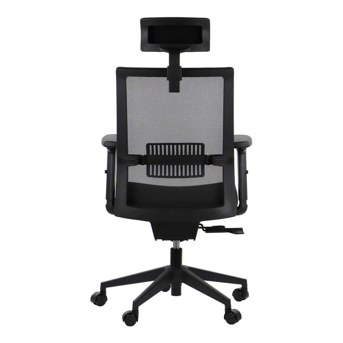 Slika prikazuje ergonomsku uredsku stolicu, točnije model Riverton s naslonom za glavu. Prikazuje moderan dizajn s mrežastim naslonom za prozračnost, podesivim naslonima za ruke i bazom s pet krakova s kotačićima za mobilnost. Stolica je uglavnom crna, što naglašava elegantan i profesionalan izgled.