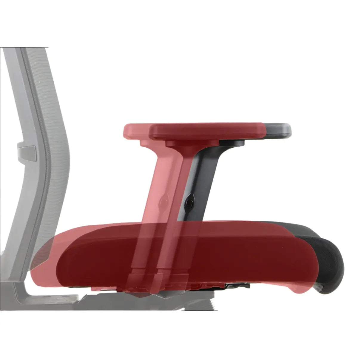 Slika prikazuje ergonomsku uredsku stolicu, točnije model Riverton s naslonom za glavu. Prikazuje podesivi naslon za ruke, naglašavajući njegov ergonomski dizajn s ciljem pružanja udobnosti i potpore tijekom dugotrajne uporabe. Čini se da naslon za ruke ima elegantnu, modernu estetiku s crvenim jastukom i čvrstom bazom.