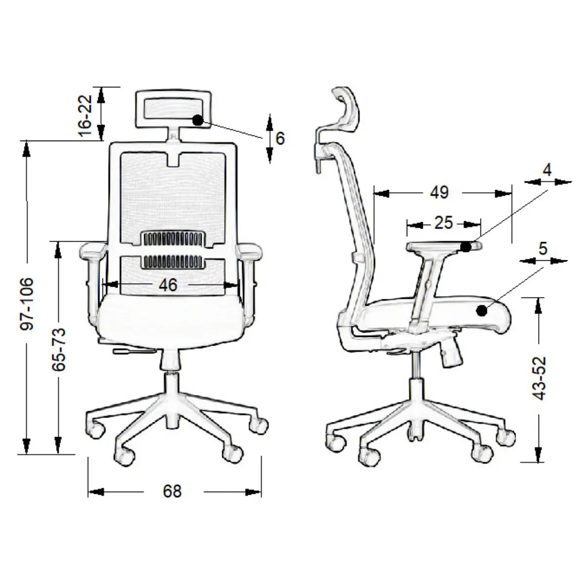 Proizvod je ergonomska uredska stolica, točnije model Riverton s naslonom za glavu. Slika prikazuje dizajn stolice s prednje i bočne strane, ističući njezine podesive značajke, uključujući položaje visine i naslona za ruke, zajedno s detaljnim dimenzijama za referencu.