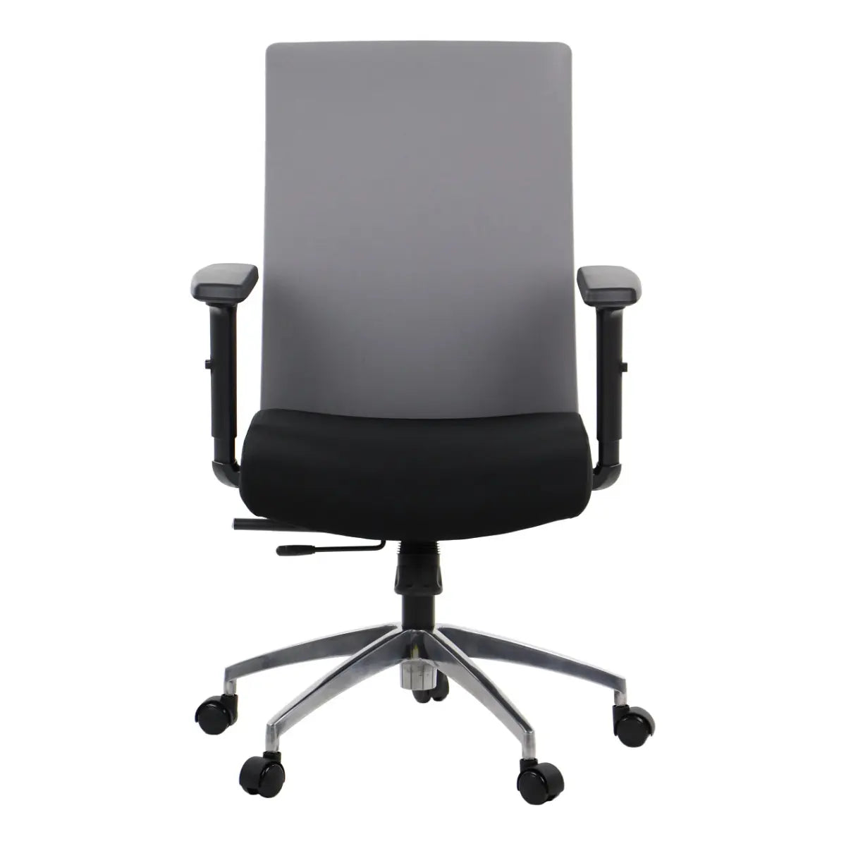 Proizvod je ergonomska uredska stolica, točnije model Riverton. Stolica ima visoki, sivi naslon za leđa i crno sjedalo, s podesivim naslonima za ruke i kromiranom bazom opremljenom rotirajućim kotačićima za mobilnost. Dizajn naglašava udobnost i potporu, što je čini prikladnom za duge sate uporabe.