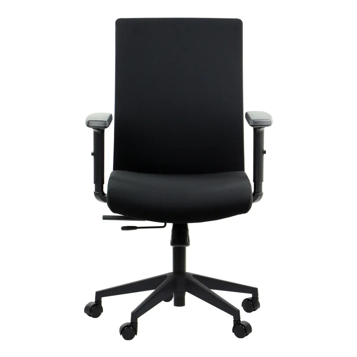 Proizvod je ergonomska uredska stolica, točnije model Riverton. Slika prikazuje elegantnu, modernu crnu stolicu s visokim naslonom za leđa, podstavljenim sjedalom i podesivim naslonima za ruke. Ima bazu s pet krakova i kotačićima za mobilnost te polugu za podešavanje visine.