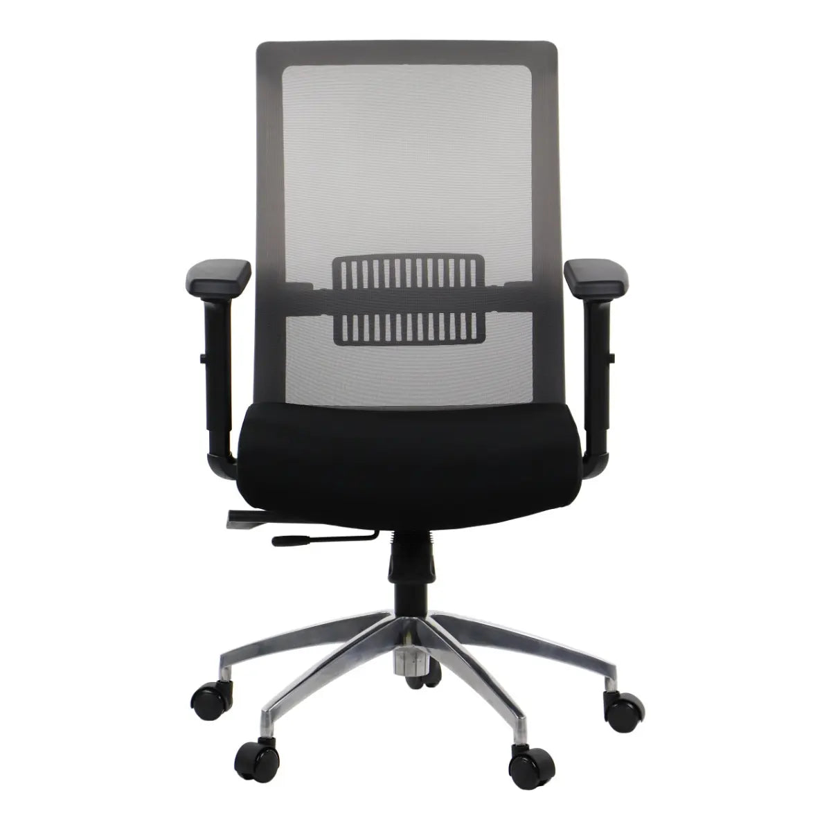 Slika prikazuje ergonomsku uredsku stolicu, konkretno model Riverton. Sadrži mrežasti naslon za leđa za prozračnost, podstavljeno sjedalo u crnoj boji i podesive naslone za ruke. Stolica je montirana na bazu s pet krakova s kotačićima za mobilnost.