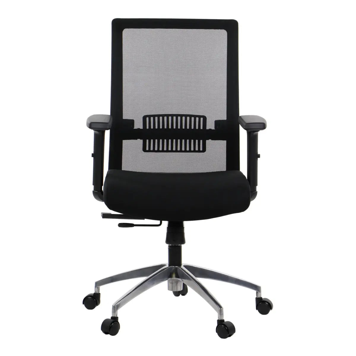 Slika prikazuje ergonomsku uredsku stolicu, točnije model Riverton. Odlikuje se elegantnim dizajnom s mrežastim naslonom za leđa za prozračnost i podstavljenim sjedalom za udobnost. Stolica ima podesive naslone za ruke i bazu s pet krakova s kotačićima za mobilnost.