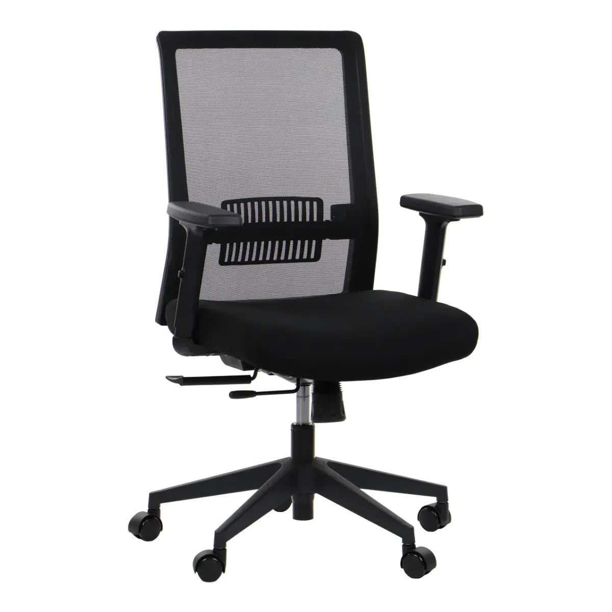 Slika prikazuje ergonomsku uredsku stolicu, točnije model Riverton. Sadrži crno podstavljeno sjedalo i mrežasti naslon za leđa za prozračnost, zajedno s podesivim naslonima za ruke i bazom u pet točaka s kotačićima za mobilnost.