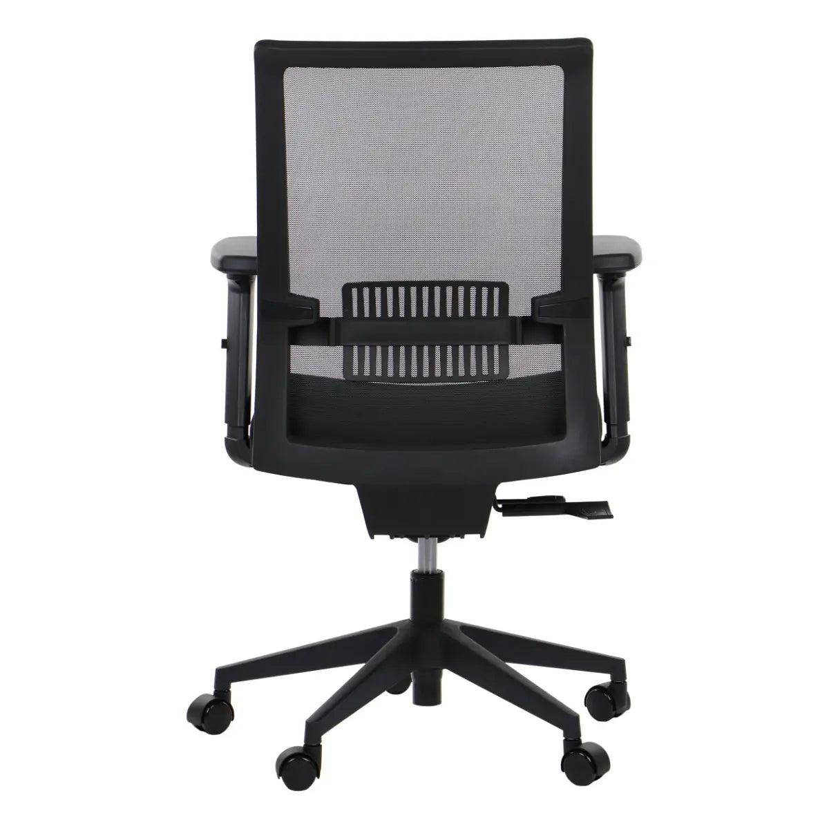 Proizvod je ergonomska uredska stolica, točnije model Riverton. Slika prikazuje pogled na stolicu sa stražnje strane, s mrežastim naslonom za prozračnost, podesivim naslonima za ruke i bazom s pet krakova i kotačićima za mobilnost. Dizajn naglašava udobnost i potporu, što je čini prikladnom za duge sate korištenja.