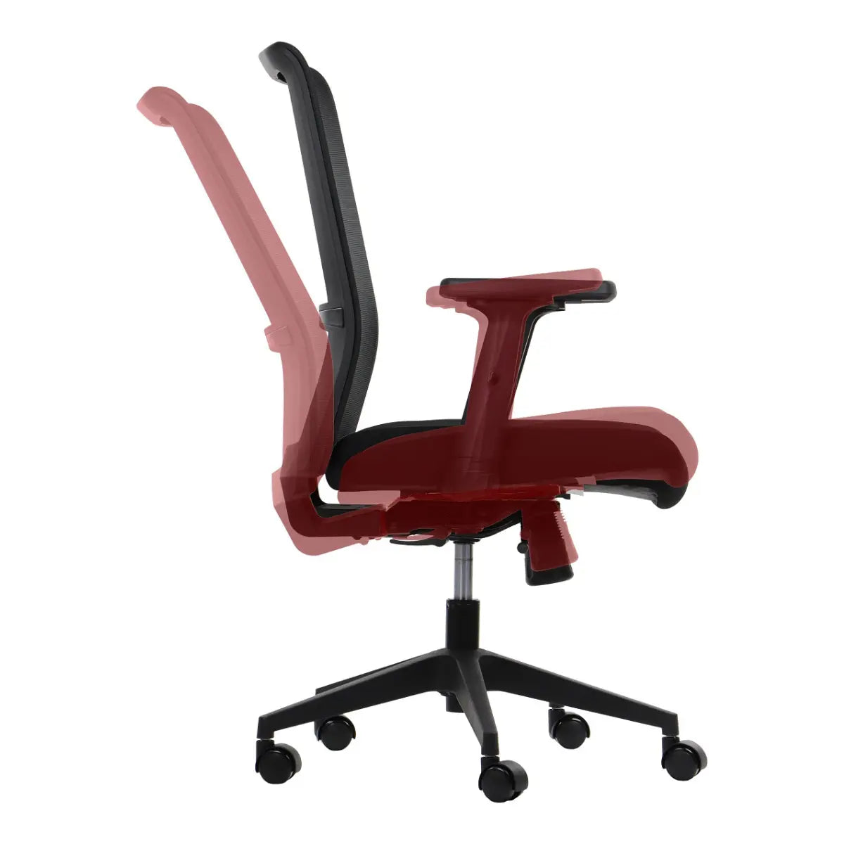 Proizvod je ergonomska uredska stolica, točnije model Riverton. Slika prikazuje bočni profil stolice, ističući njezine podesive značajke, uključujući fleksibilni naslon za leđa i naslone za ruke, dizajnirane za udobnost i potporu tijekom dugotrajnog sjedenja. Stolica je postavljena na bazu s kotačićima za lakšu mobilnost.