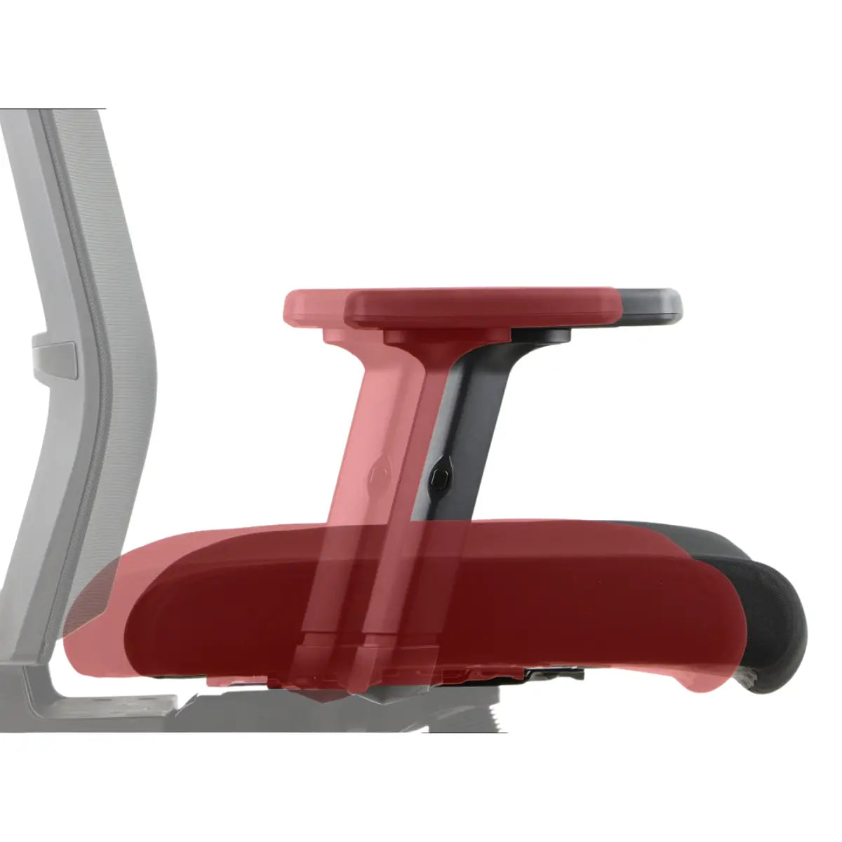 Slika prikazuje ergonomsku uredsku stolicu, konkretno model Riverton. Sadrži podesivi naslon za ruku, koji je istaknut u kontrastnoj boji kako bi se prikazalo njegovo pomicanje. Dizajn naglašava udobnost i prilagodljivost različitim željama korisnika.