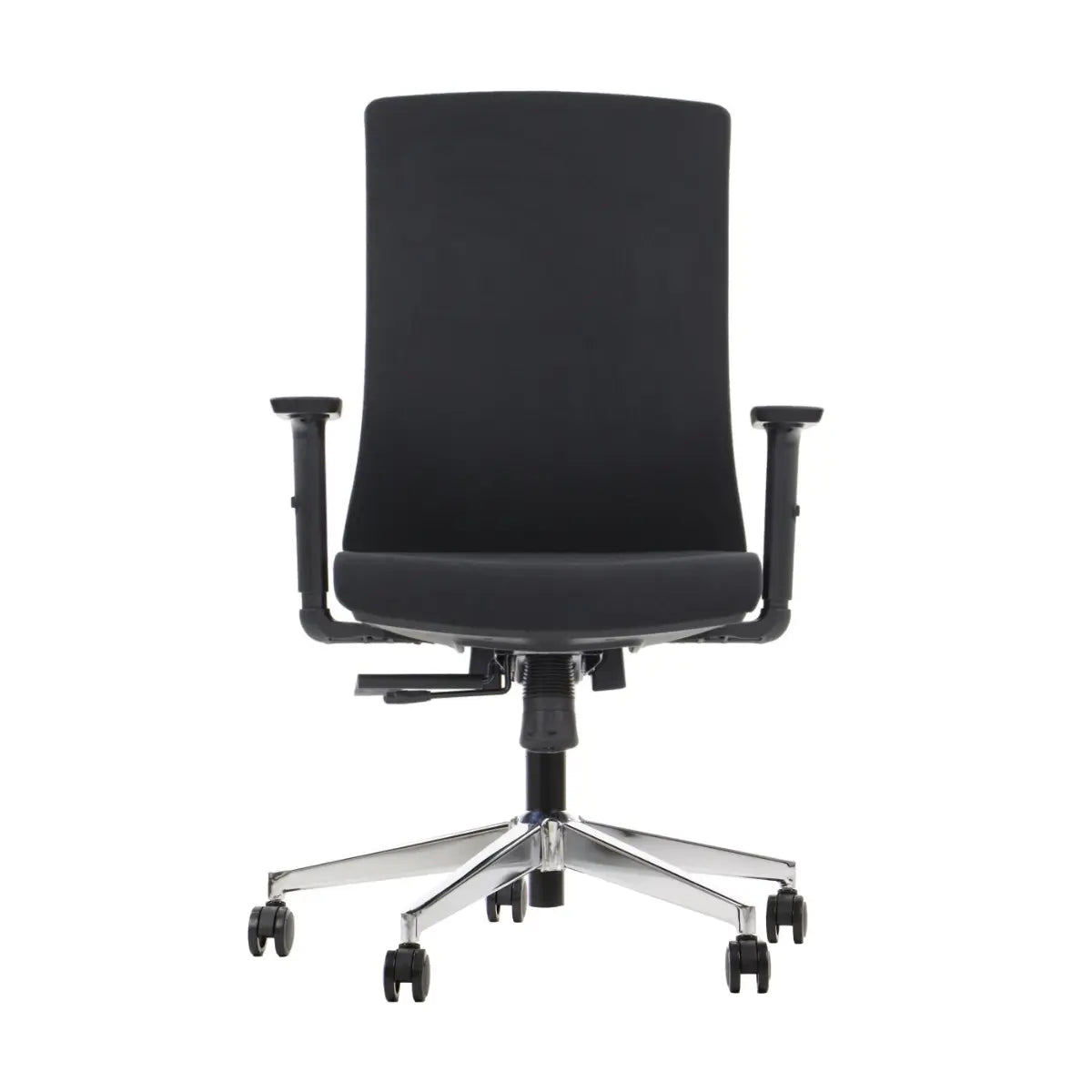 Proizvod je ergonomska uredska stolica, točnije model Tono. Stolica se odlikuje elegantnim crnim dizajnom s visokim naslonom za leđa i podesivim naslonima za ruke, postavljenim na kromiranu bazu s kotačićima za mobilnost. Njezin minimalistički stil prikladan je za moderna uredska okruženja.