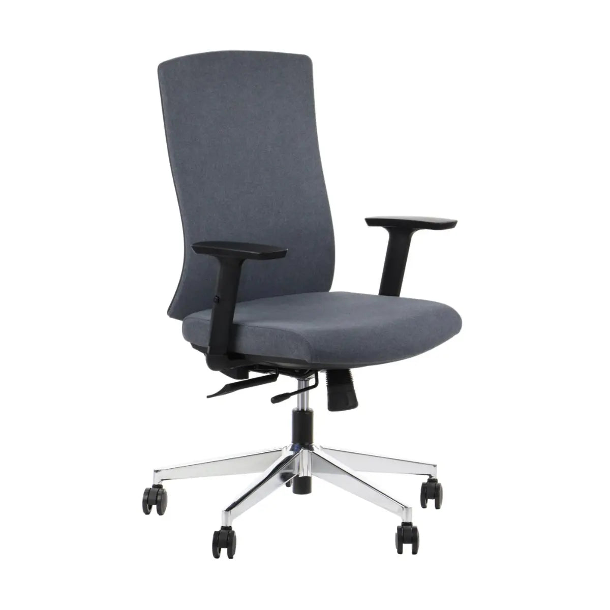 Proizvod je ergonomska uredska stolica, točnije model Tono. Stolica se odlikuje elegantnim dizajnom sa sivom presvlakom od tkanine, visokim naslonom za leđa za potporu i podesivim naslonima za ruke. Montirana je na kromiranu bazu s kotačićima za lakšu mobilnost.