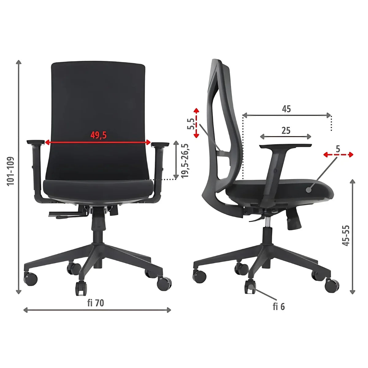 Proizvod je ergonomska uredska stolica, točnije model Tono. Slika prikazuje stolicu s prednje i bočne strane, ističući njezin elegantan dizajn i podesive značajke. Navedene su dimenzije, koje prikazuju raspon visine i ostale mjere za optimalnu udobnost i upotrebljivost.