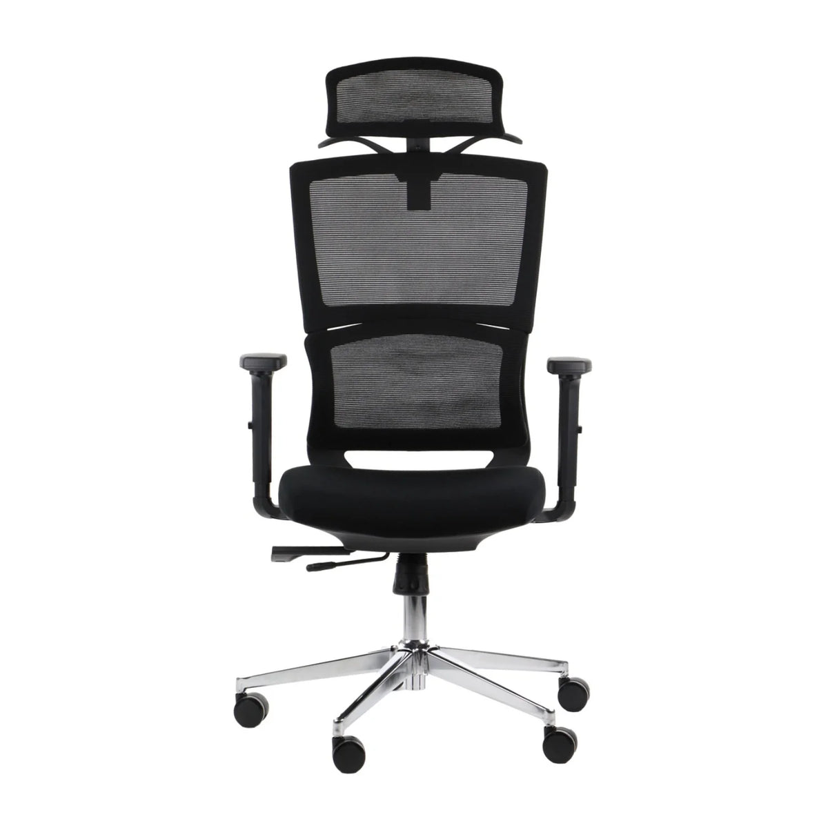 Proizvod je ergonomska uredska stolica, točnije model Trent. Stolica ima visoki naslon za leđa s mrežastim dizajnom za prozračnost, podesive naslone za ruke i podstavljeno sjedalo. Oslonjena je na kromiranu bazu s kotačićima za mobilnost, što je čini prikladnom za uredska okruženja.