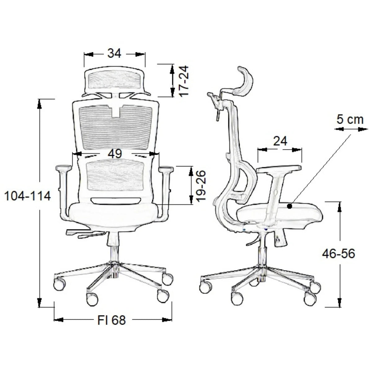 Proizvod je ergonomska uredska stolica, točnije model Trent. Slika prikazuje tehničke crteže koji prikazuju stolicu sprijeda i sa strane, zajedno s raznim mjerama za visinu, širinu i dubinu. Dizajn uključuje mrežasti naslon za leđa za prozračnost i podesive komponente za udobnost korisnika.