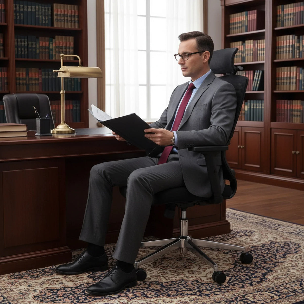 Slika prikazuje ergonomsku uredsku stolicu, model "Trent". Prikazuje muškarca u odijelu kako udobno sjedi na stolici dok čita dokumente. Okruženje uključuje drveni stol, mjedenu svjetiljku i policu s knjigama, stvarajući profesionalnu uredsku atmosferu.