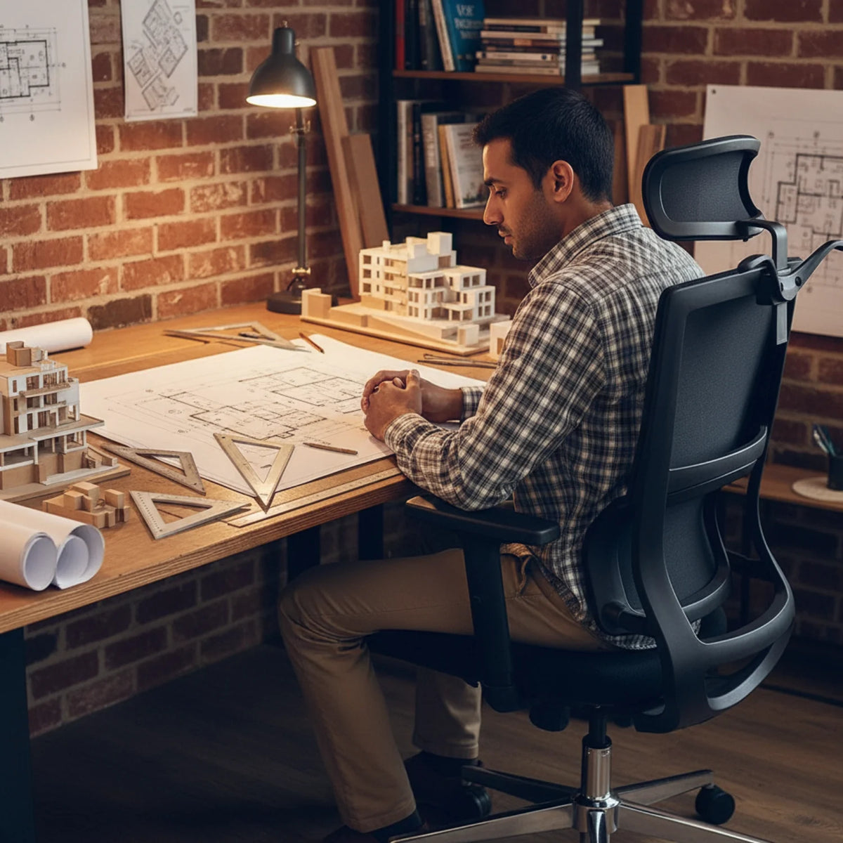 Slika prikazuje ergonomsku uredsku stolicu, točnije model Trent. Prikazuje muškarca koji sjedi za stolom u elegantnom radnom prostoru, okružen arhitektonskim nacrtima i modelima. Ambijent je topao s ciglenim zidom, stolnom lampom i raznim alatima za crtanje, naglašavajući kreativno i produktivno okruženje.