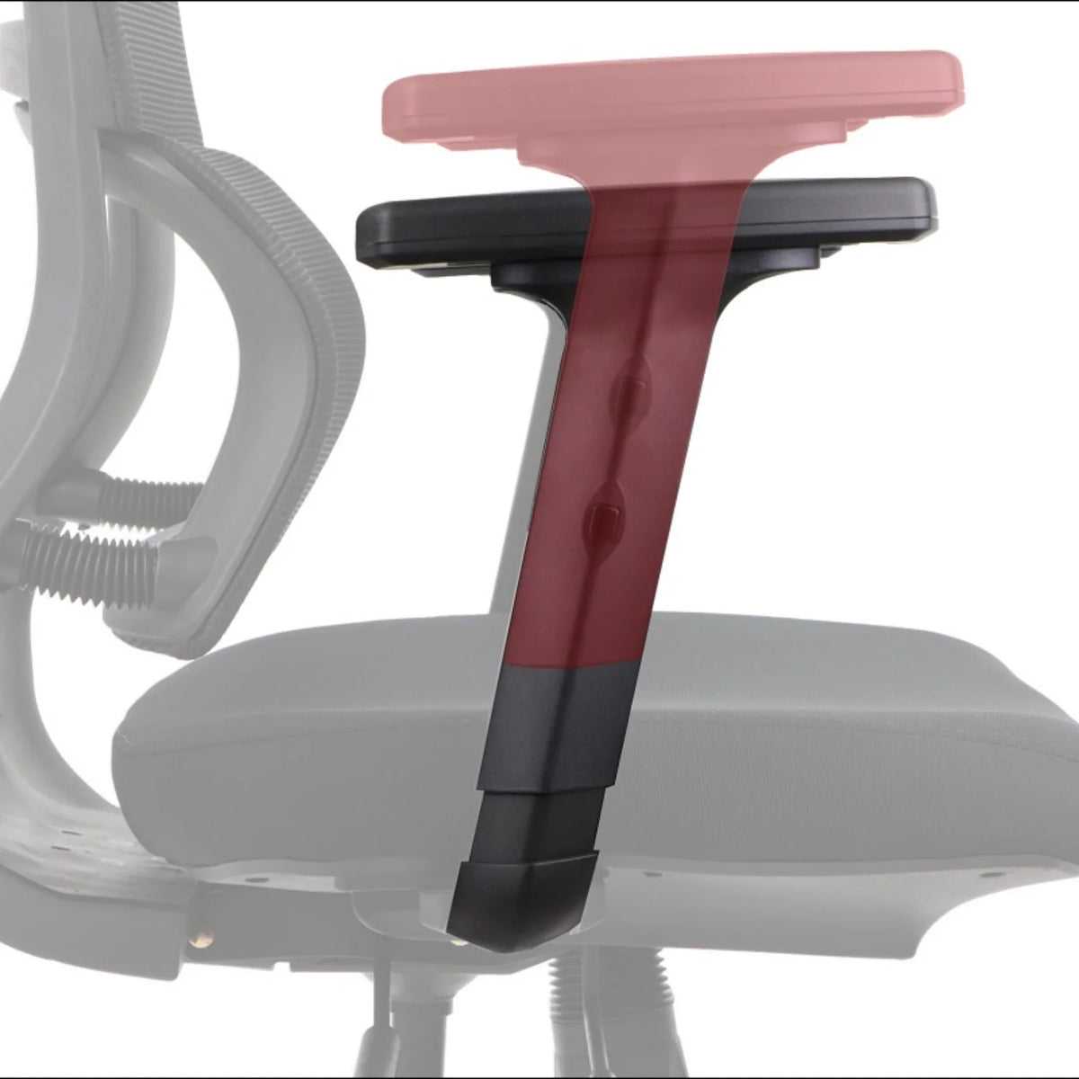 Proizvod je ergonomska uredska stolica, točnije model Trent. Slika prikazuje krupni plan naslona za ruke, ističući njegove podesive značajke i dizajn. Naslon za ruke dizajniran je za udobnost i potporu, s kombinacijom materijala vidljivih u konstrukciji.