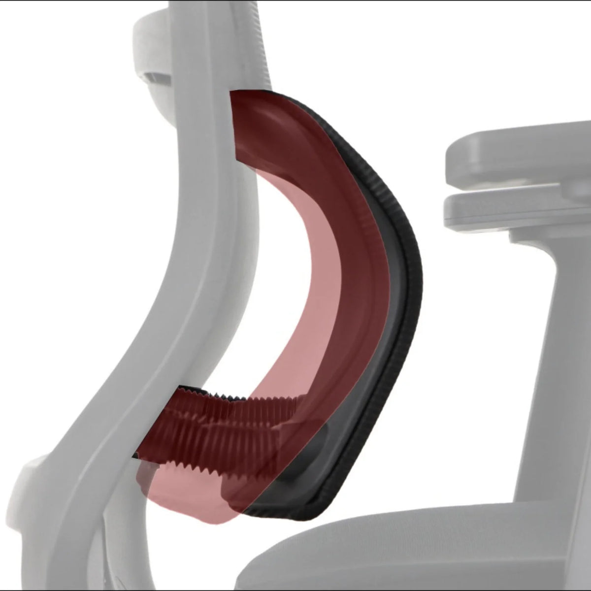 Proizvod je ergonomska uredska stolica, točnije model Trent. Slika prikazuje krupni plan naslona za leđa na stolici, ističući njezin ergonomski dizajn s fleksibilnom potpornom strukturom koja ima za cilj pružiti udobnost i promicati dobro držanje. Materijali i konture dizajnirani su kako bi se prilagodili tijelu korisnika za poboljšanu potporu tijekom dugih sati sjedenja.