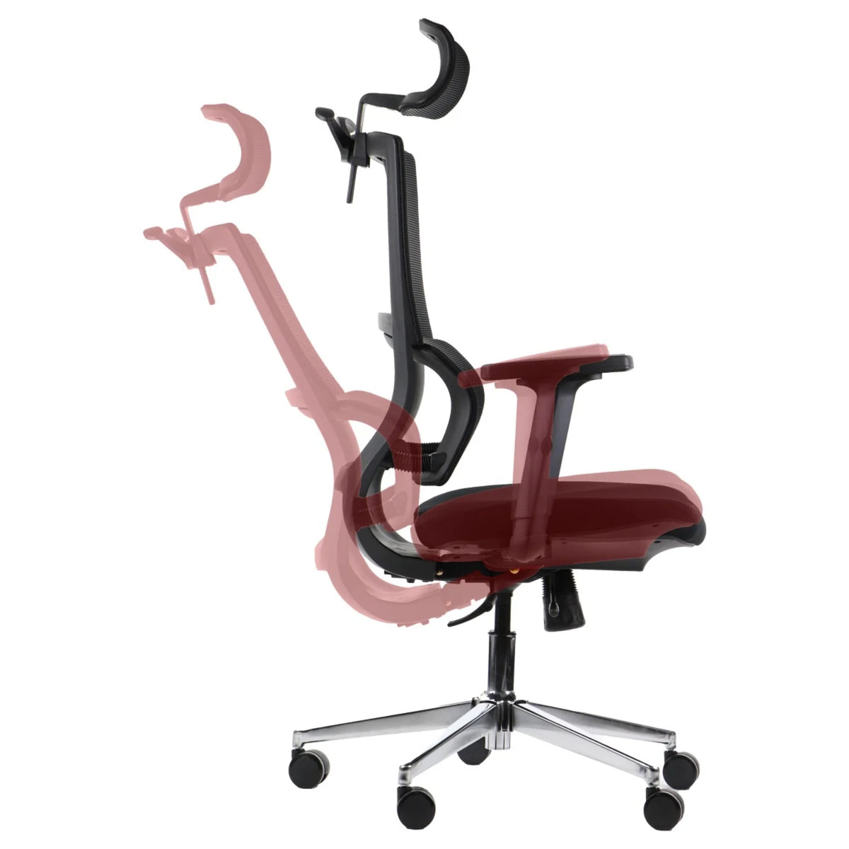 Proizvod je ergonomska uredska stolica, točnije model Trent. Slika prikazuje podesive značajke stolice, ističući fleksibilnost naslona za ruke i naslona za leđa. Stolica ima elegantan dizajn s crvenim sjedalom i crnim okvirom, naglašavajući ergonomsku potporu za udobnost tijekom dugotrajnog korištenja.