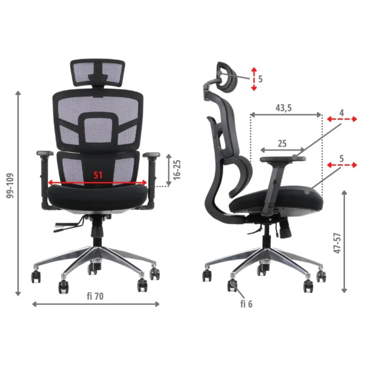 Proizvod je ergonomska uredska stolica, točnije model Trex. Slika prikazuje stolicu s prednje i bočne strane, ističući njezine podesive značajke i dimenzije, uključujući visinu sjedala i dizajn naslona za leđa. Stolica ima mrežasti naslon za prozračnost i podstavljeno sjedalo za udobnost, uz podesive naslone za ruke.