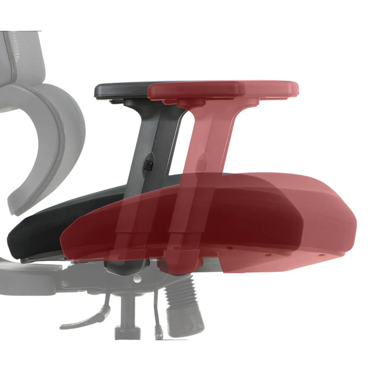 Proizvod je ergonomska uredska stolica, točnije model "Trex". Slika prikazuje krupni plan naslona za ruke stolice, ističući njegovu podesivu značajku. Naslon za ruke prikazan je u kontrastnoj boji kako bi se naglasilo njegovo kretanje i funkcionalnost, prikazujući ergonomski dizajn namijenjen udobnosti korisnika.