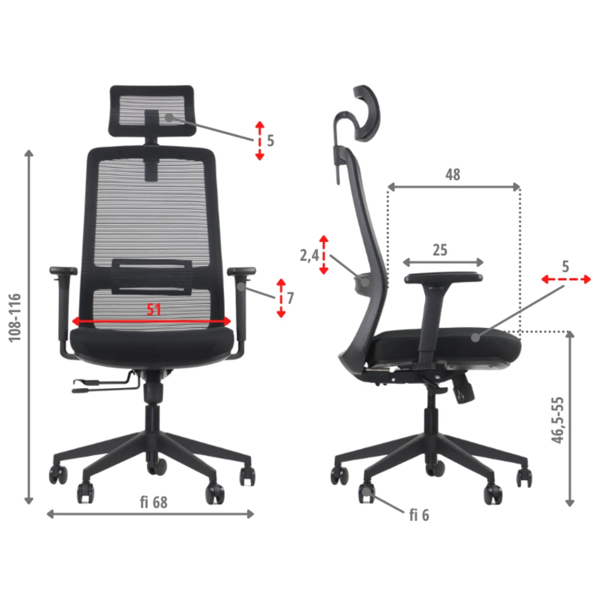 Proizvod je ergonomska uredska stolica, točnije model Wister. Slika prikazuje stolicu s prednje i bočne strane, ističući njezine podesive značajke kao što su podešavanje visine i naslona za ruke. Ima mrežasti naslon za prozračnost i elegantan dizajn prikladan za moderna uredska okruženja.