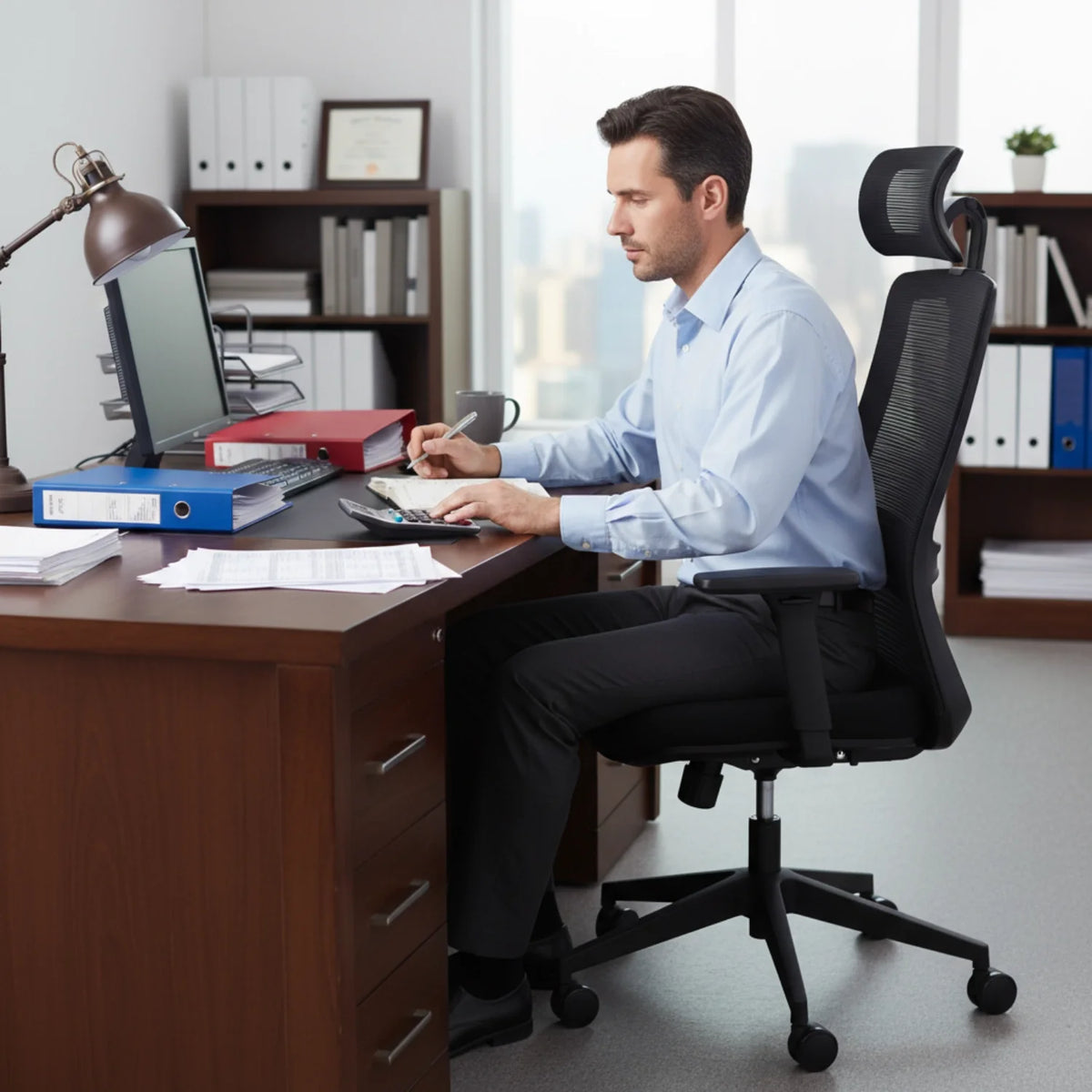 Slika prikazuje ergonomsku uredsku stolicu, točnije model Wister. Prikazuje muškarca koji sjedi za stolom i radi na kalkulatoru dok zapisuje bilješke. Uredsko okruženje uključuje računalni monitor, lampu i organizirane spise, stvarajući profesionalnu atmosferu.