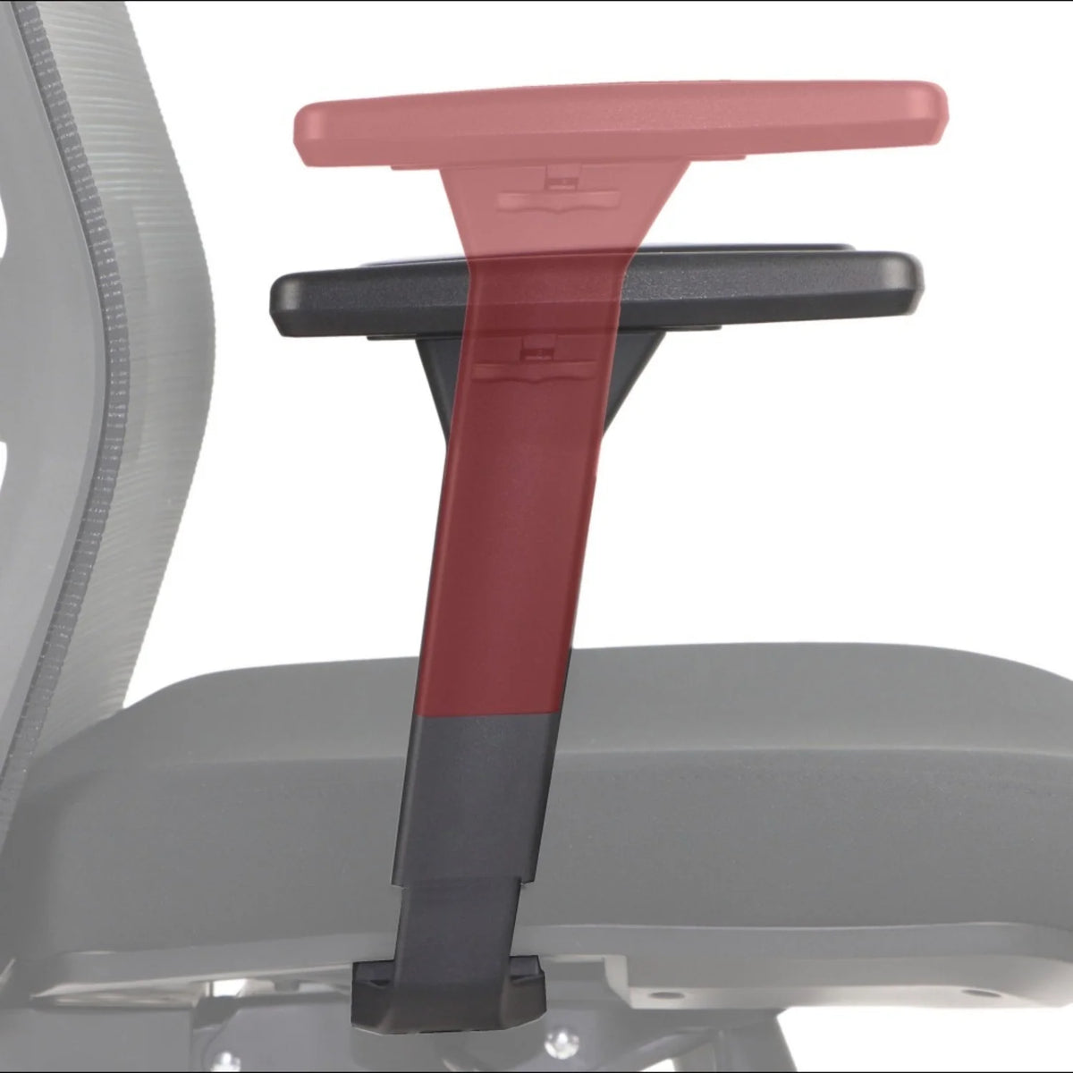 Slika prikazuje ergonomsku uredsku stolicu, konkretno model Wister. Prikazuje krupan kadar naslona za ruku, ističući njegov podesivi dizajn s dvobojnom shemom crvene i crne boje. Čini se da je naslon za ruku dizajniran za udobnost i potporu, prikladan za duge sate korištenja.