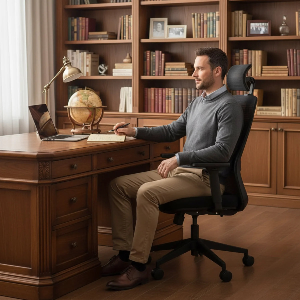Slika prikazuje ergonomsku uredsku stolicu, točnije model Wister. Prikazuje muškarca koji udobno sjedi za drvenim stolom, piše u bilježnicu, dok su u blizini vidljivi prijenosno računalo i globus. Pozadina uključuje policu punu knjiga, stvarajući toplu i profesionalnu atmosferu.