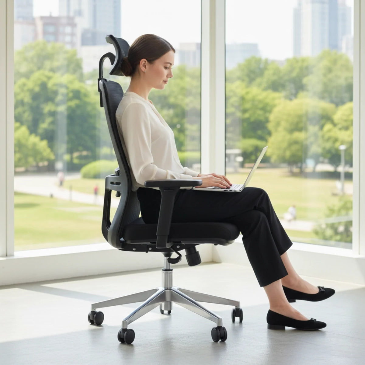 Proizvod je ergonomska uredska stolica, točnije model Wister. Slika prikazuje ženu koja sjedi u stolici dok radi na prijenosnom računalu, s vedrim, modernim uredskim okruženjem vidljivim kroz velike prozore. Stolica ima elegantan dizajn s mrežastim naslonom za leđa i podesivim naslonima za ruke, naglašavajući udobnost i potporu za duge sate korištenja.