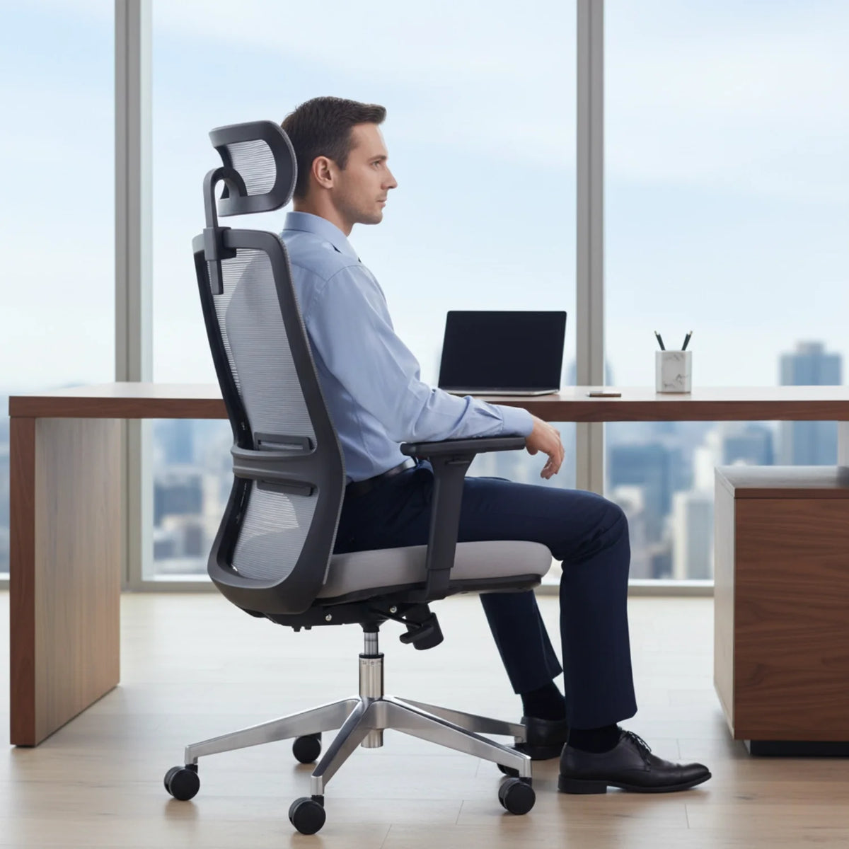 Proizvod je ergonomska uredska stolica, točnije model Wister. Slika prikazuje muškarca koji sjedi u stolici za modernim stolom, s vidljivim prijenosnim računalom i držačem za olovke. Ured ima velike prozore koji pružaju pogled na panoramu grada.