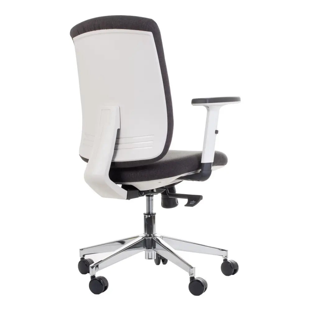 Proizvod je ergonomska uredska stolica, model ZN-605. Slika prikazuje stražnji pogled na stolicu, s elegantnim dizajnom s bijelim naslonom za leđa i sjedalom od tamne tkanine. Ima podesive naslone za ruke i kromiranu bazu s kotačićima za mobilnost.