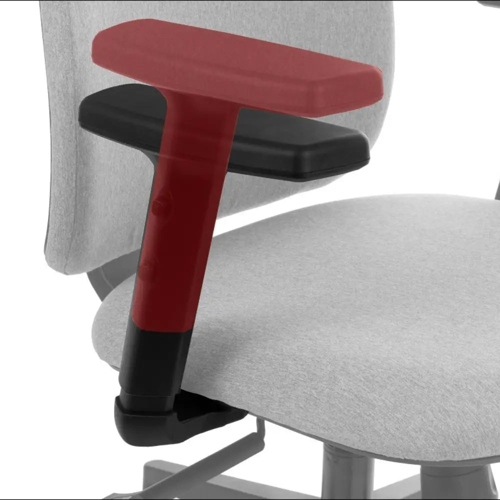 Proizvod je ergonomska uredska stolica, točnije model "ZN-605". Slika prikazuje krupni plan naslona za ruke, koji ima crveni gornji dio i crnu bazu. Stolica ima moderan dizajn sa svijetlosivom tkaninom koja prekriva sjedalo.